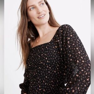 Madewell Georgette Lucie Bubble-Sleeve Smocked Top in Stem Scatter Size M